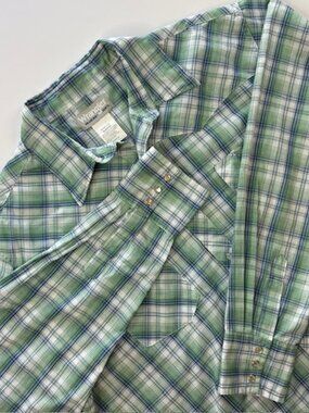 Wrangler Wrancher Shirt Mens 2XLT Tall Western Pearl Snap Blue Plaid Long Sleeve